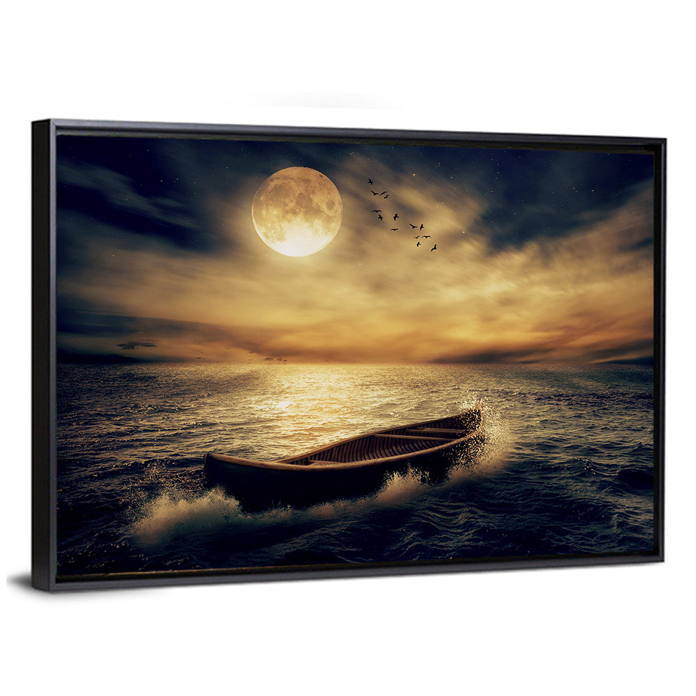 Moonlit Boat in Stormy Ocean Wall Art