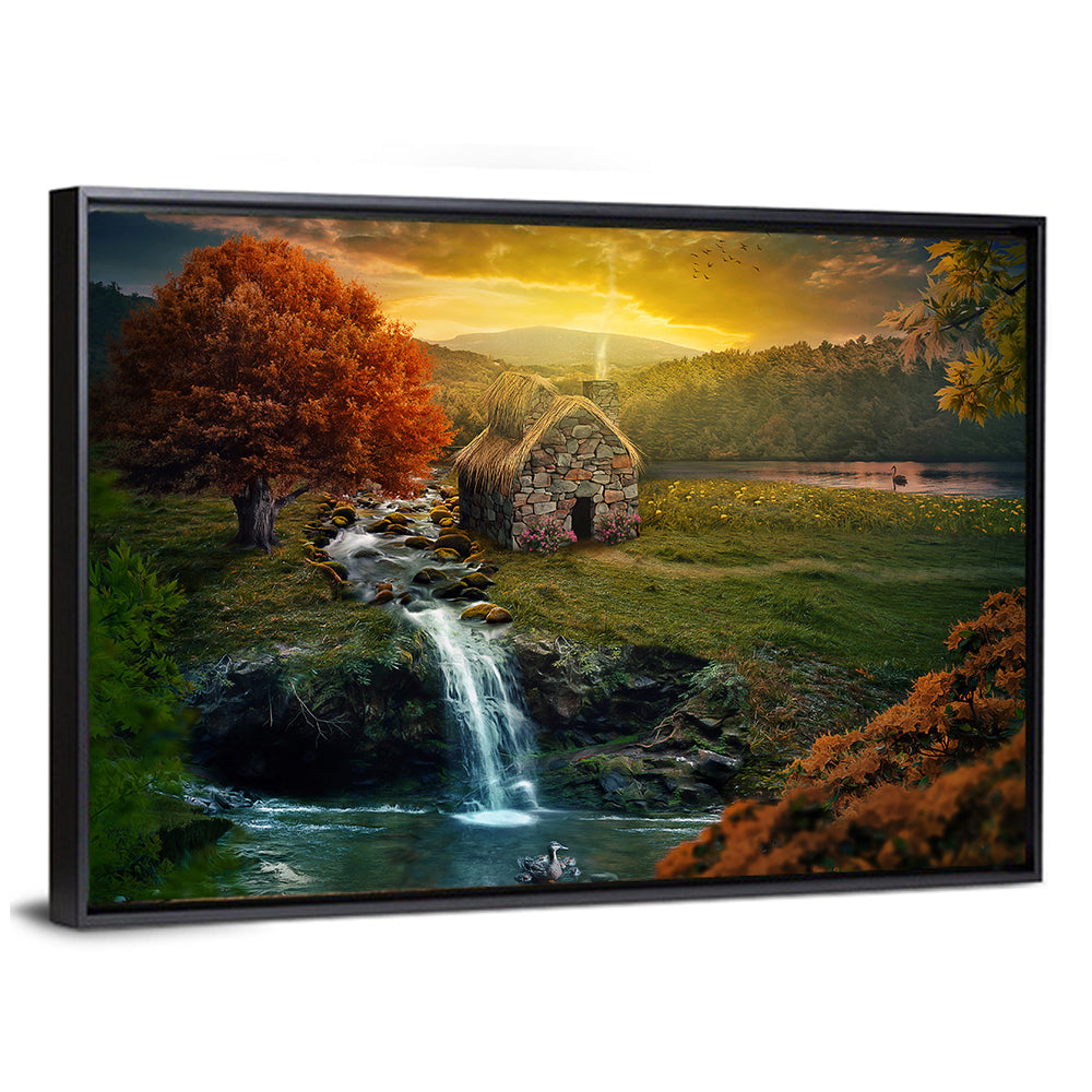 Thatched Cottage by Mountain Stream Wall Art
