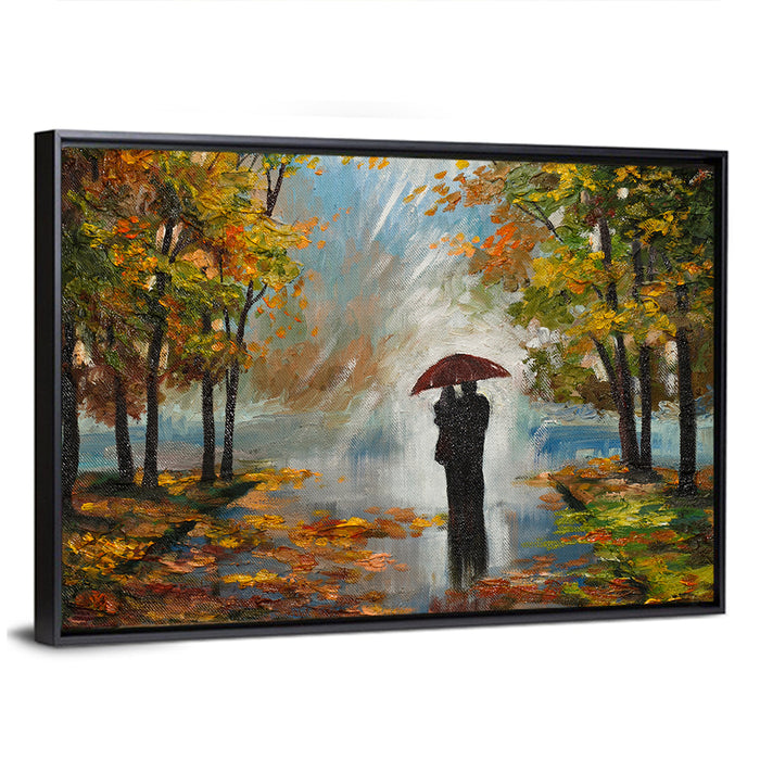 Couple in Autumn Forest Wall Art as a framed canvas