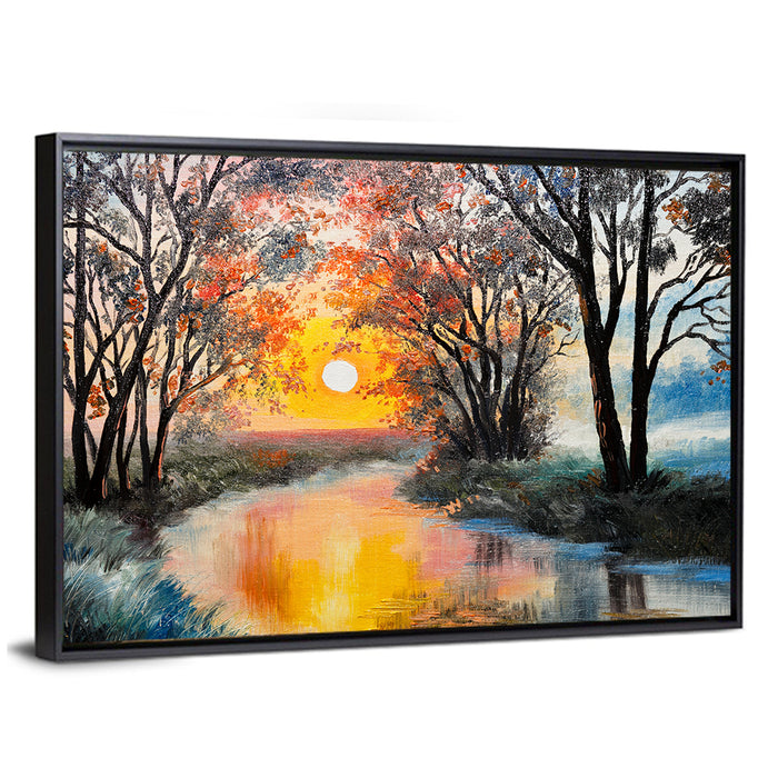 Golden Hour River Watercolor Wall Art as a framed canvas