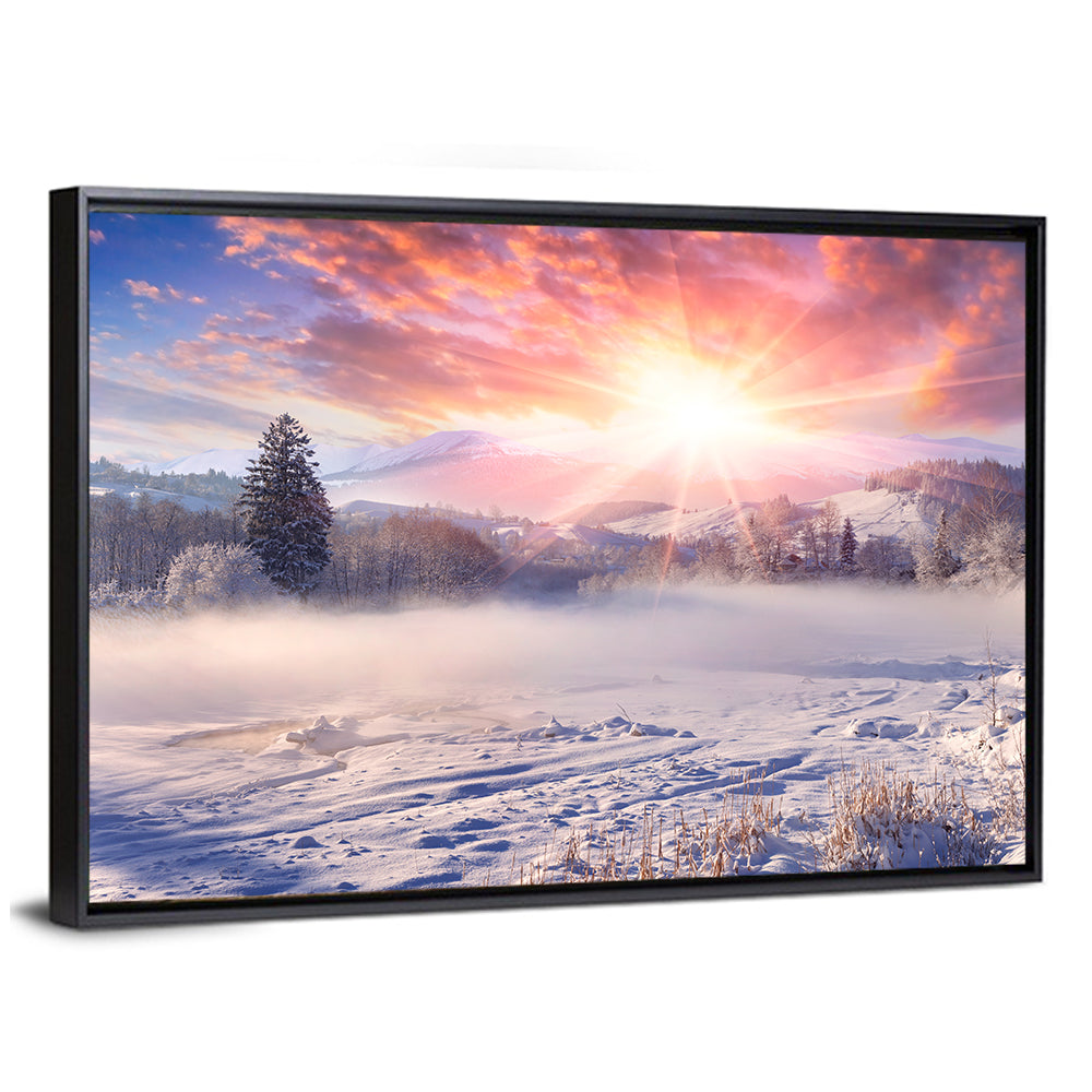 Sunrise Over Snowy Mountain Village Wall Art