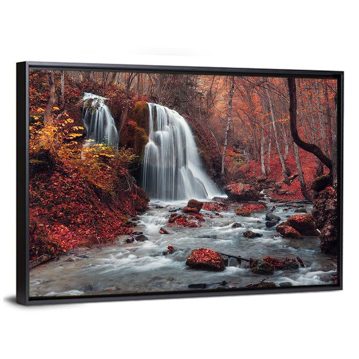 Dual Tier Autumn Forest Waterfall, Crimea Wall Art as a framed canvas