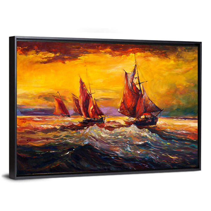Three Sailboats at Sunset Wall Art as a framed canvas