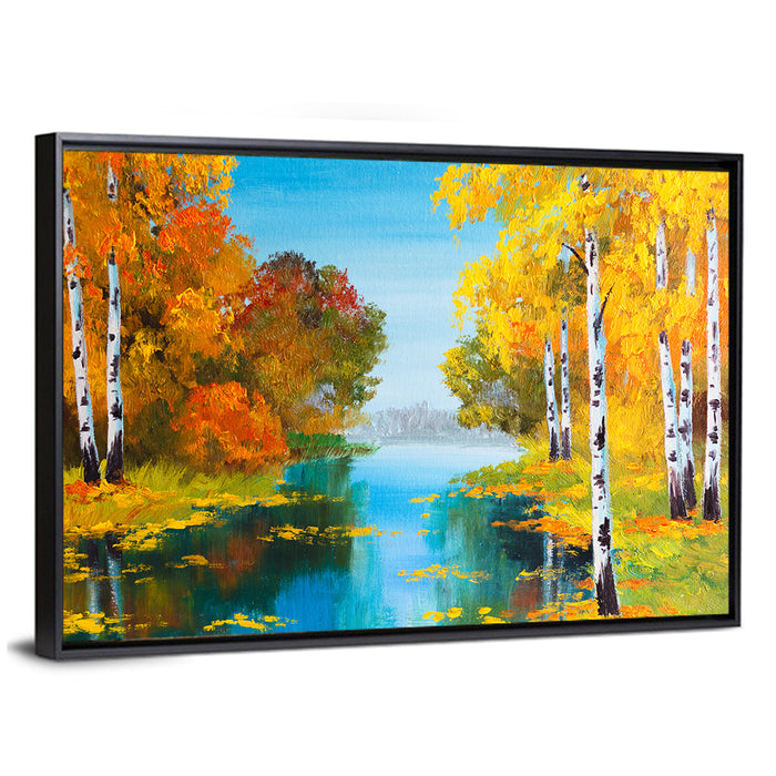 Autumn Birch River Reflection Wall Art as a framed canvas