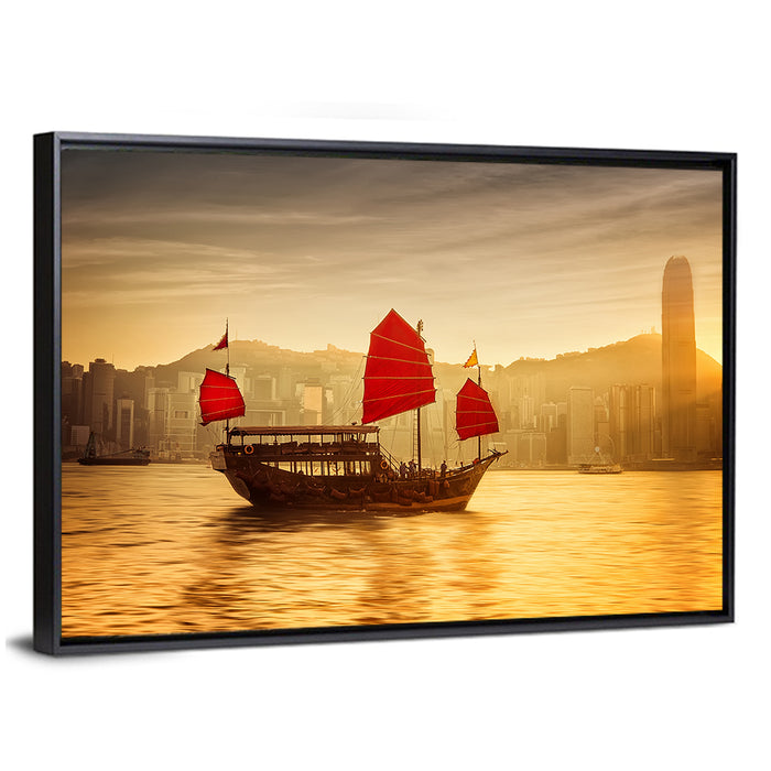Victoria Harbour Sunset Skyline Wall Art as a framed canvas