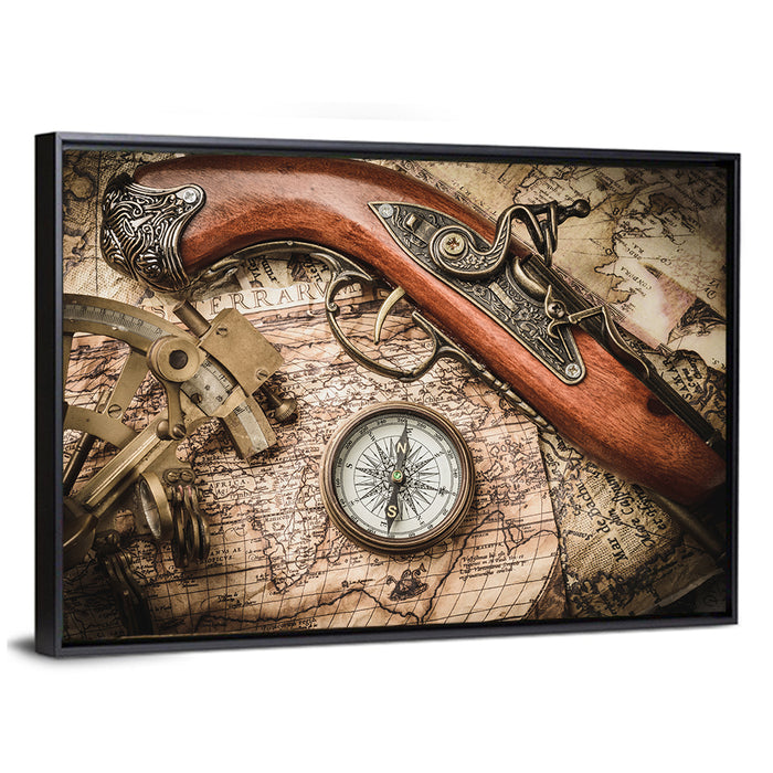 Antique Nautical Instruments with Flintlock Wall Art as a framed canvas