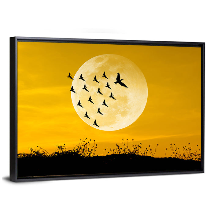 Moonlit Birds Over Wildflowers Wall Art as a framed canvas