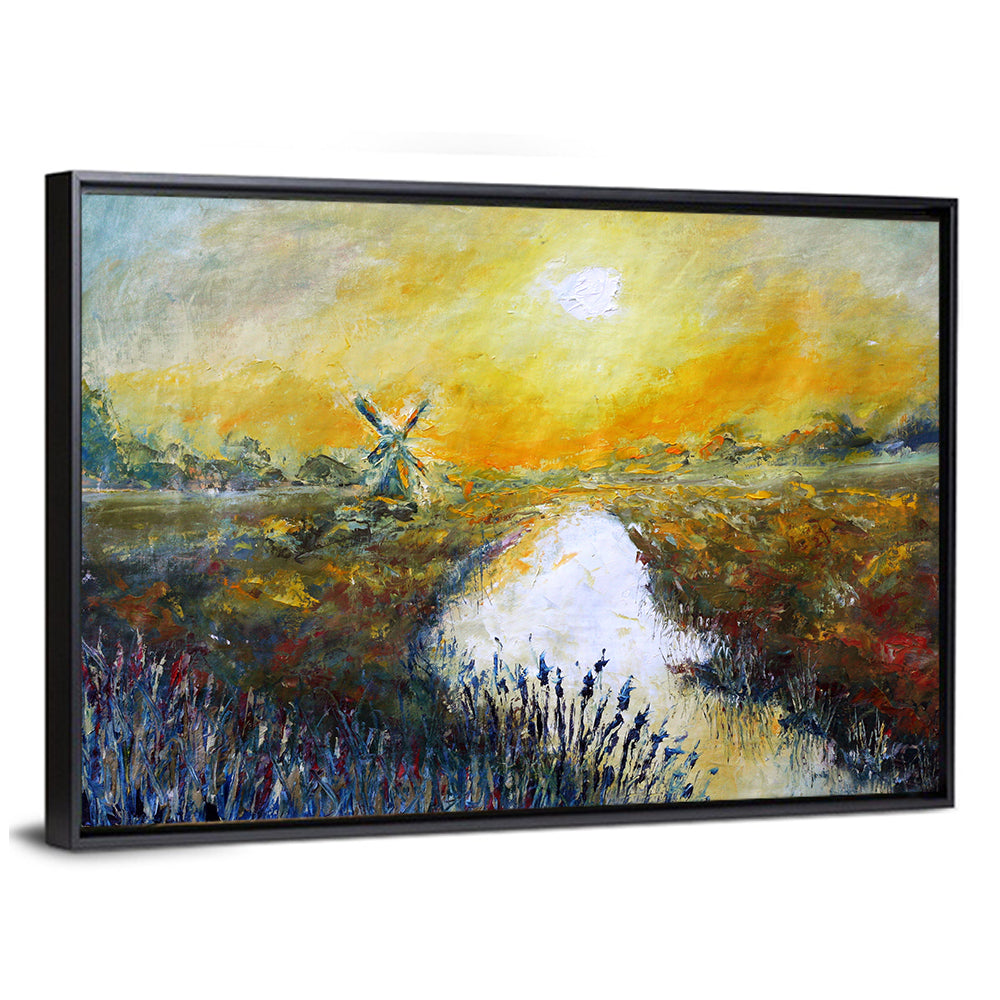 Windmill at Sunrise Over River Wall Art