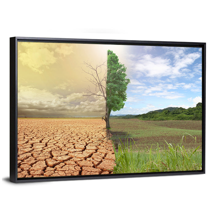 Split Landscape with Half-alive Tree Wall Art as a framed canvas