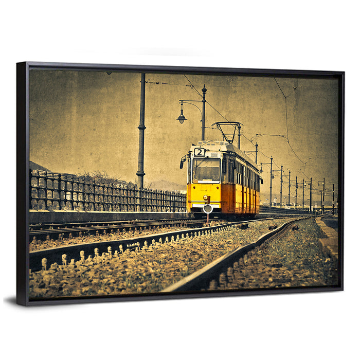 Yellow Tram No. 2 on Tracks Wall Art as a framed canvas