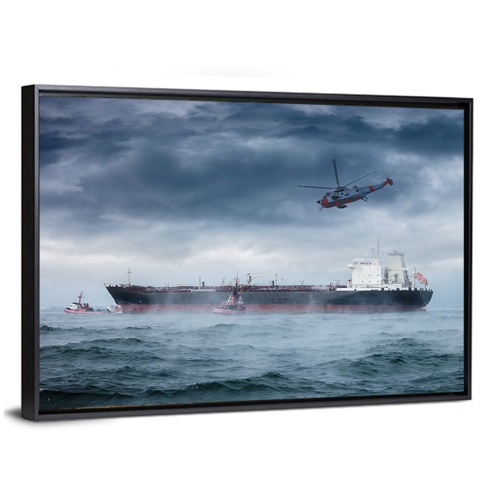 Rescue Helicopter Over Cargo Ship Wall Art