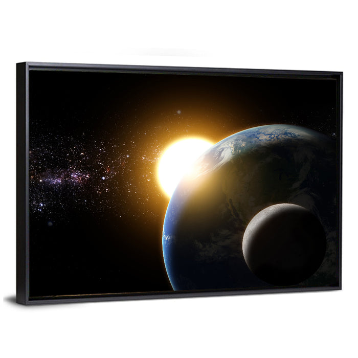 Sunflare Over Earth and Moon Wall Art as a framed canvas