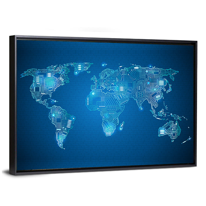 Digital Circuit World Map Wall Art as a framed canvas