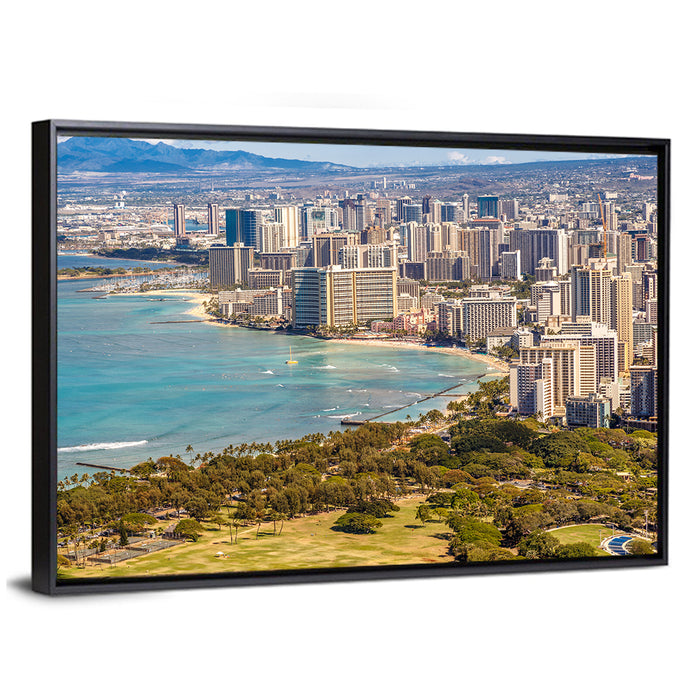 Waikiki Beach and Honolulu Skyline Wall Art as a framed canvas
