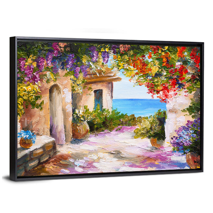 Mediterranean Summer Terrace Wall Art as a framed canvas