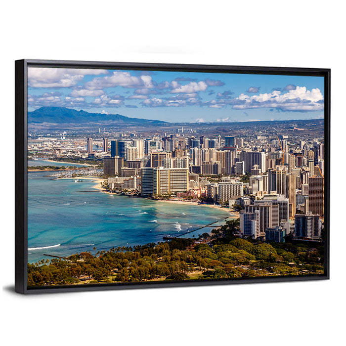Honolulu Skyline Over Waikiki Beach Wall Art as a framed canvas