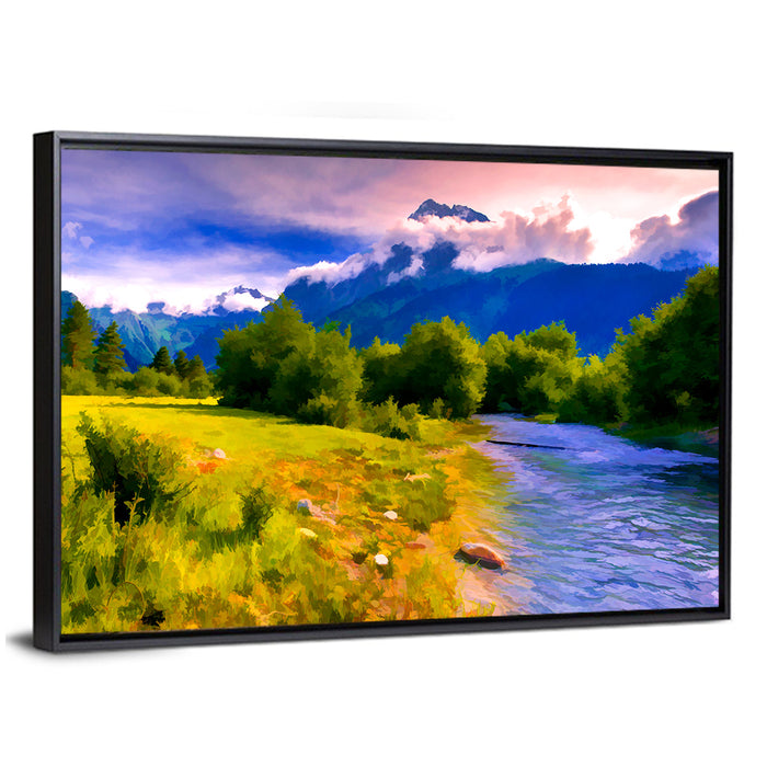 Mountain River Through Meadow Wall Art as a framed canvas
