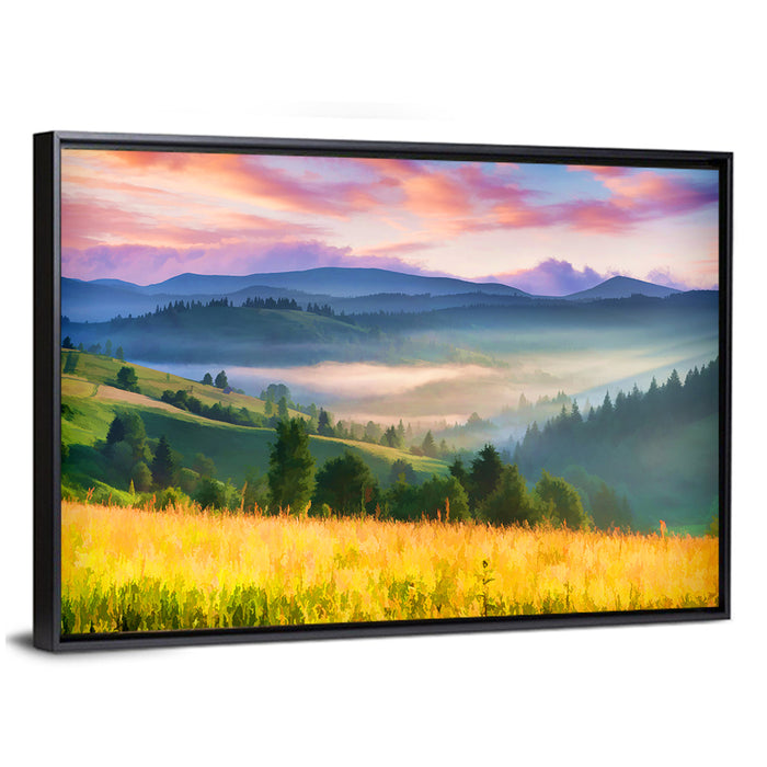 Sunrise Mist Over Mountain Meadow Wall Art as a framed canvas
