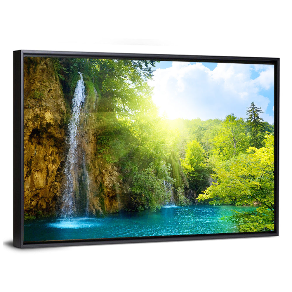 Forest Waterfall at Sunlit Lake Wall Art