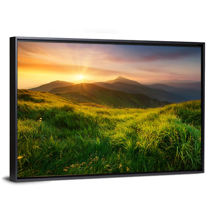 Mountain Valley at Sunrise Wall Art as a framed canvas