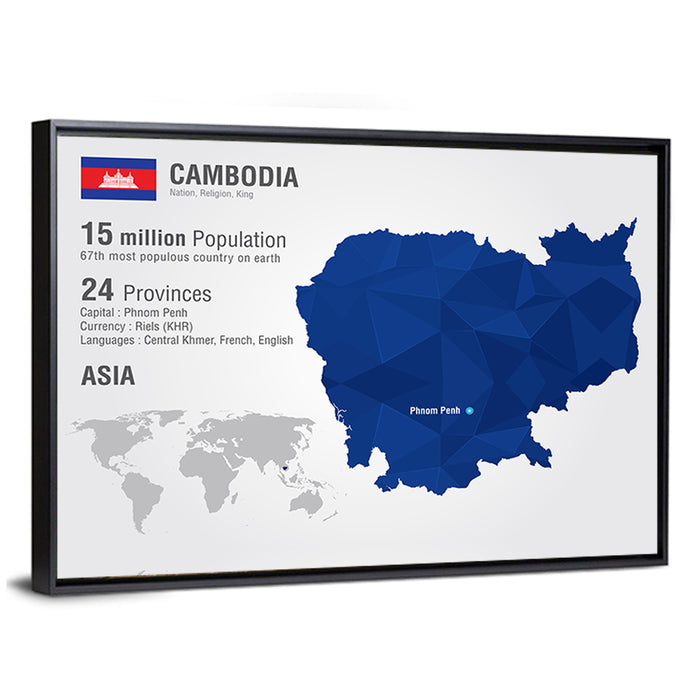 Cambodia Geometric Map Wall Art as a framed canvas
