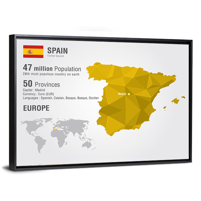 Geometric Spain Map Infographic Wall Art as a framed canvas