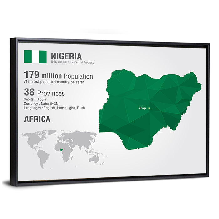 Geometric Map of Nigeria Wall Art as a framed canvas