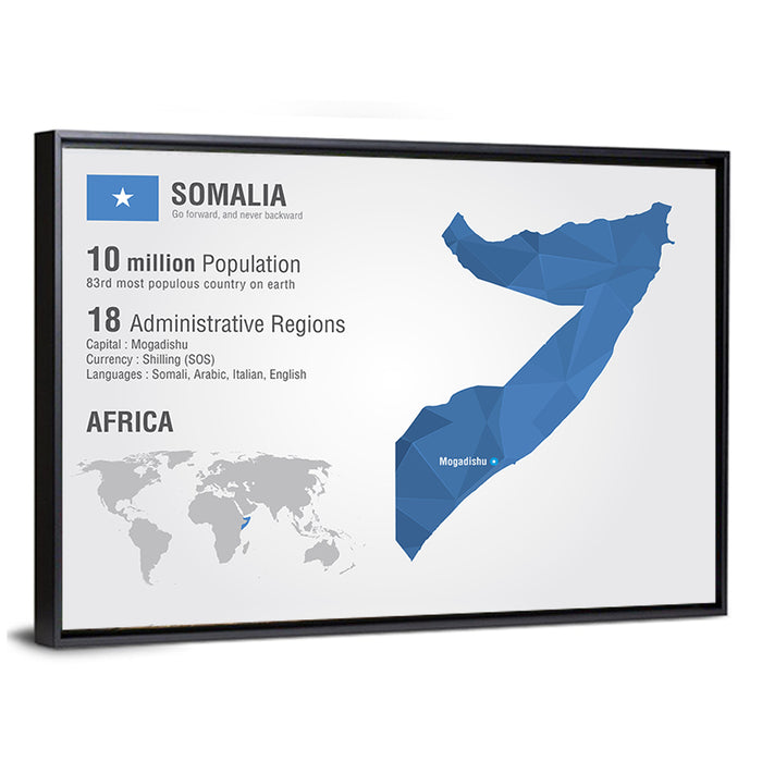Somalia Geometric Map Wall Art as a framed canvas