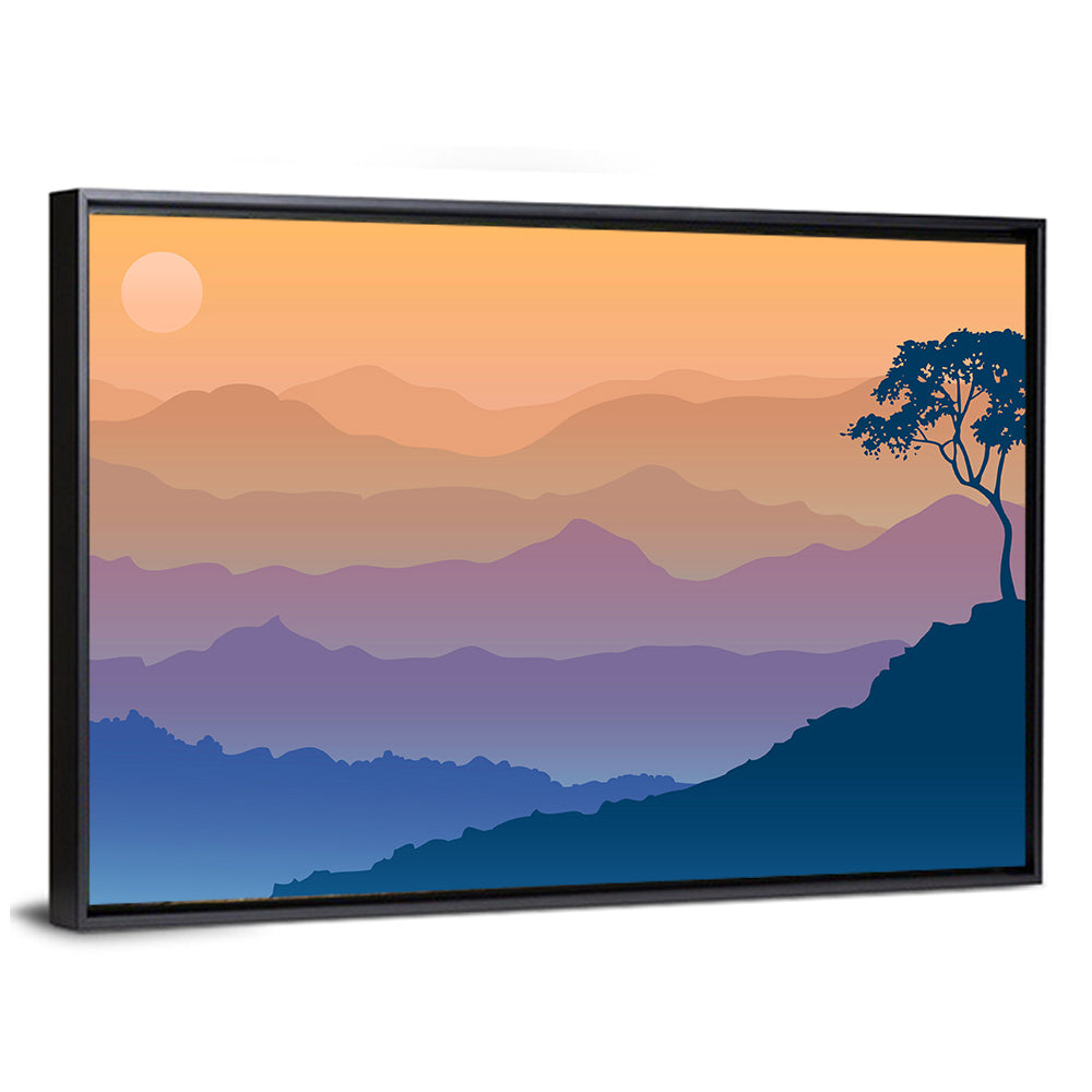 Layered Mountain Sunrise with Tree Silhouette Wall Art