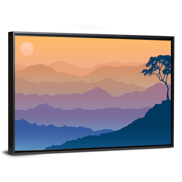 Layered Mountain Sunrise with Tree Silhouette Wall Art as a framed canvas