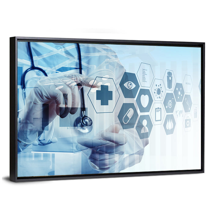 Doctor Double Exposure with Medical Icons Wall Art as a framed canvas