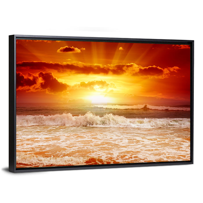 Golden Sunset Over Ocean Waves Wall Art as a framed canvas
