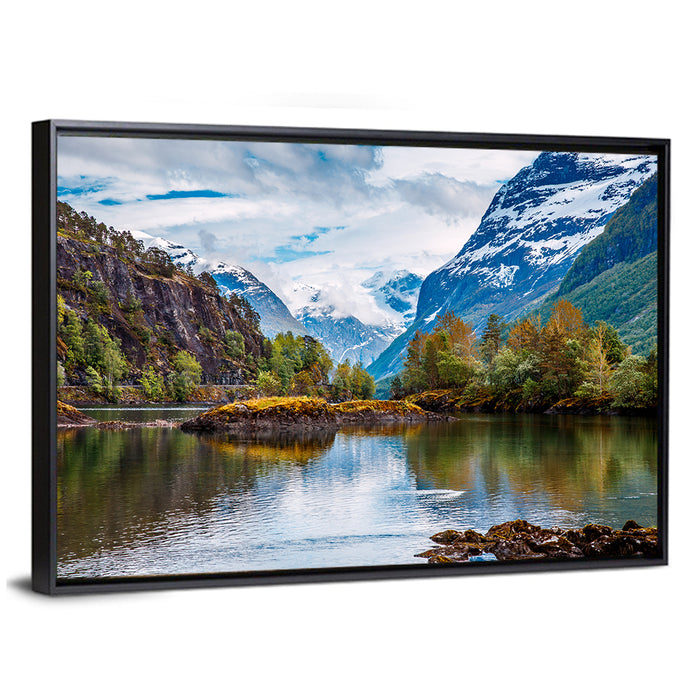 Norwegian Mountain Reflection Wall Art as a framed canvas