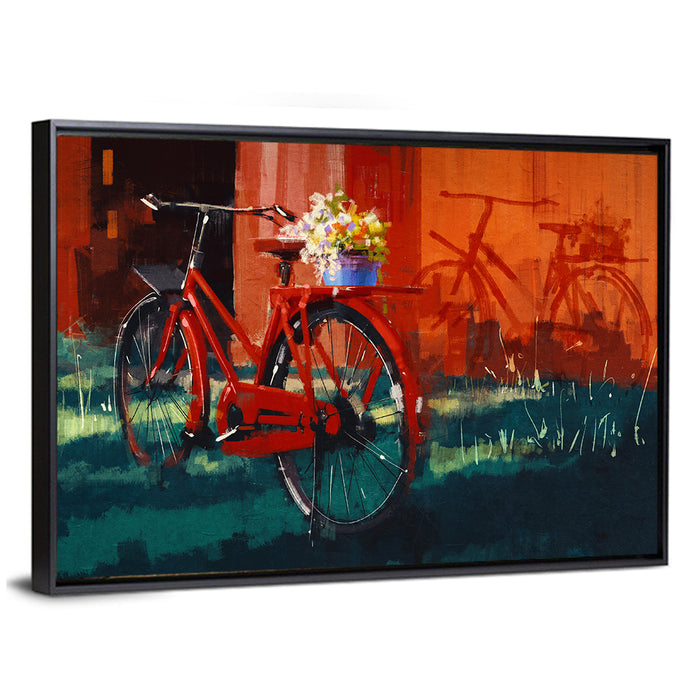 Vintage Bicycle with Floral Basket Wall Art as a framed canvas