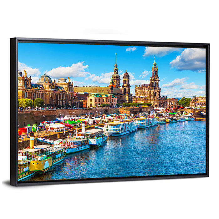 Dresden Elbe River Embankment Wall Art as a framed canvas