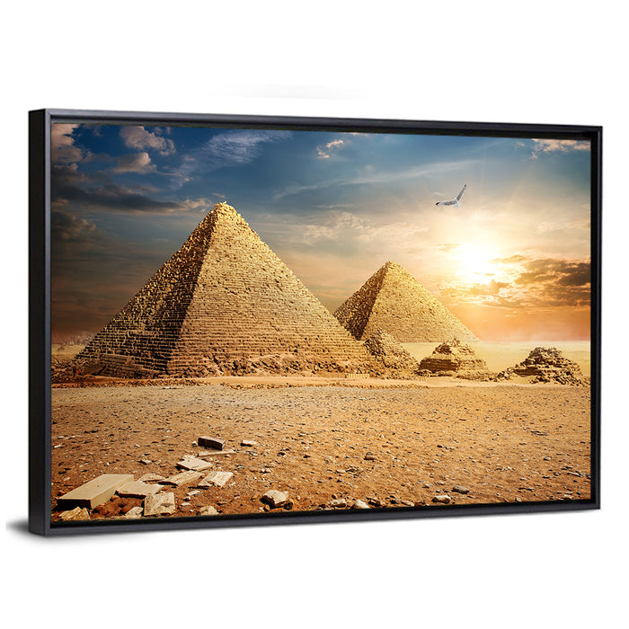 Giza Pyramids at Sunset Wall Art as a framed canvas