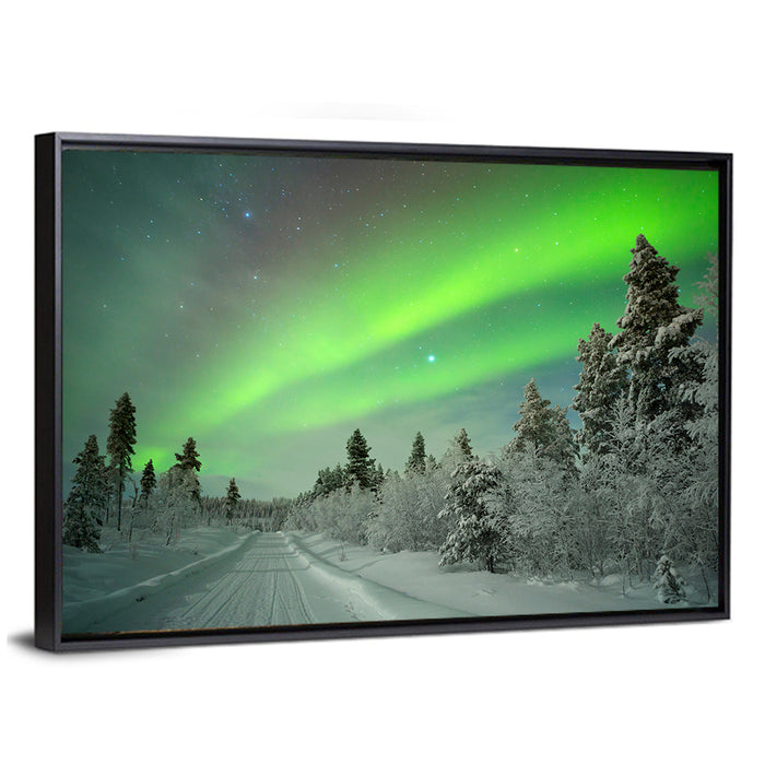 Aurora Over Snowy Forest Road Wall Art as a framed canvas