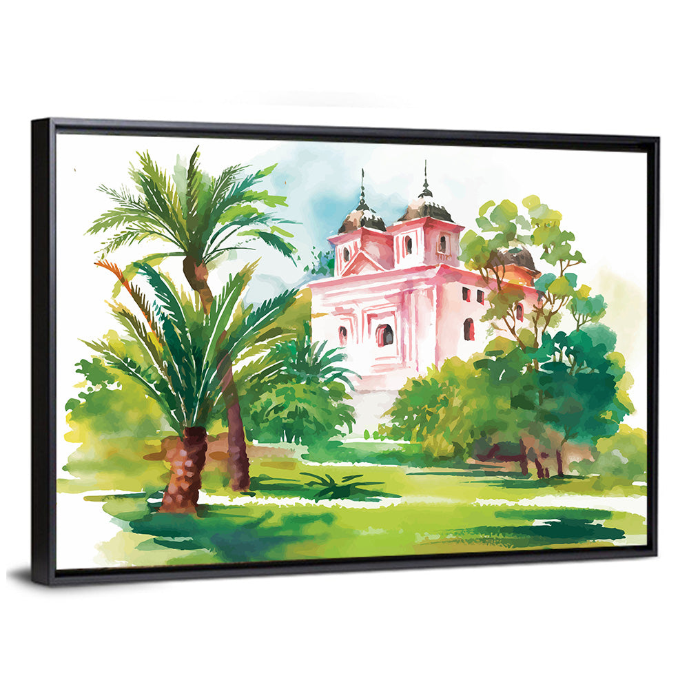 Pink House in Garden Illustration Wall Art