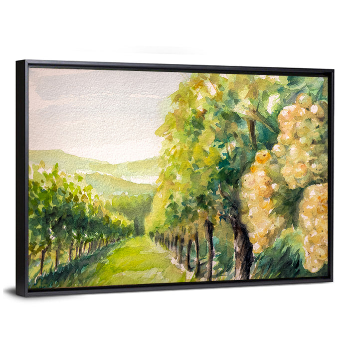 Sunlit Vineyard Watercolor Wall Art as a framed canvas
