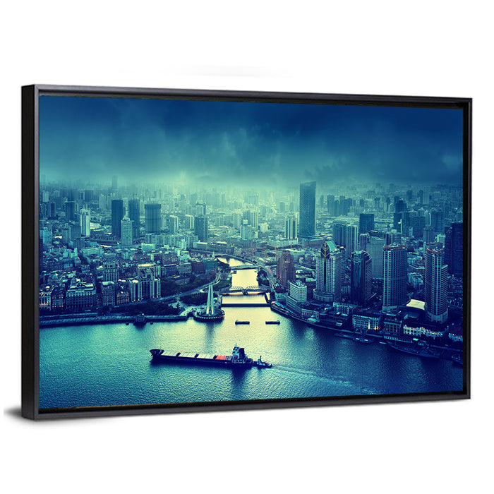 Shanghai Skyline at Sunset Wall Art as a framed canvas