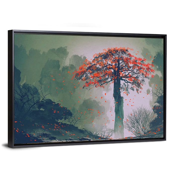 Misty Red Autumn Tree Wall Art as a framed canvas