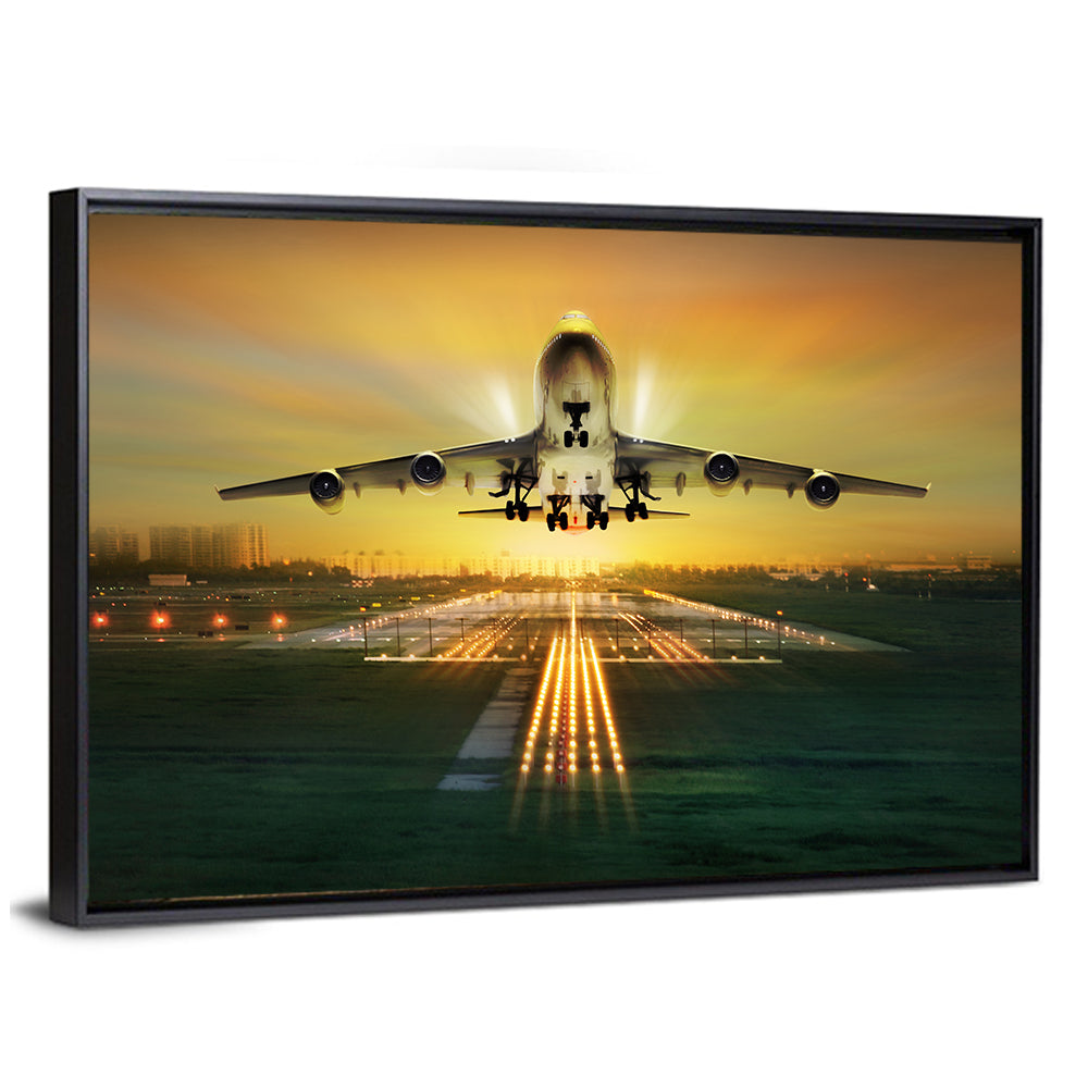 Passenger Plane Over Runway at Dusk Wall Art