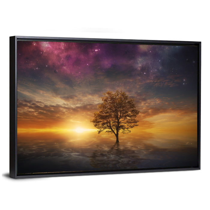 Surreal Tree Over Reflective Lake Wall Art as a framed canvas