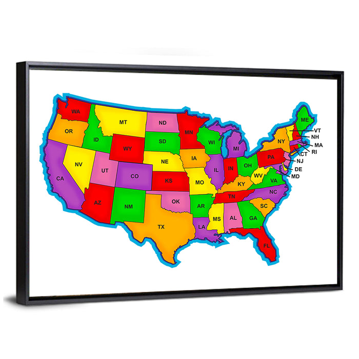 Bold United States Map Wall Art as a framed canvas