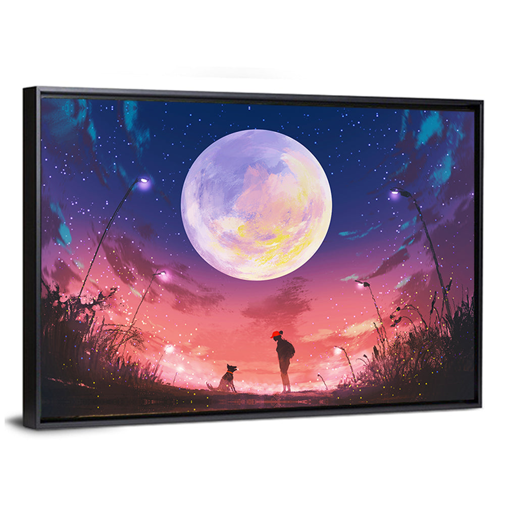 Woman and Dog Beneath Oversized Moon Wall Art