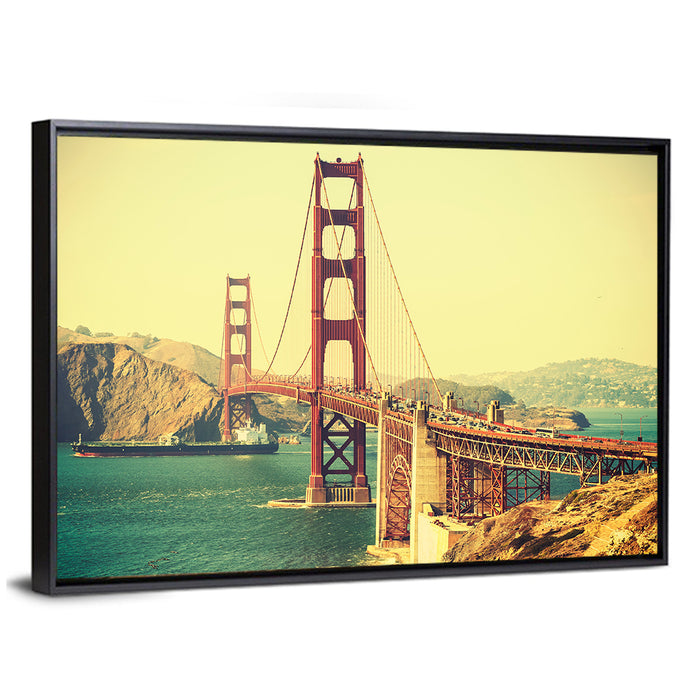 Golden Gate Bridge with Cargo Ship Wall Art as a framed canvas