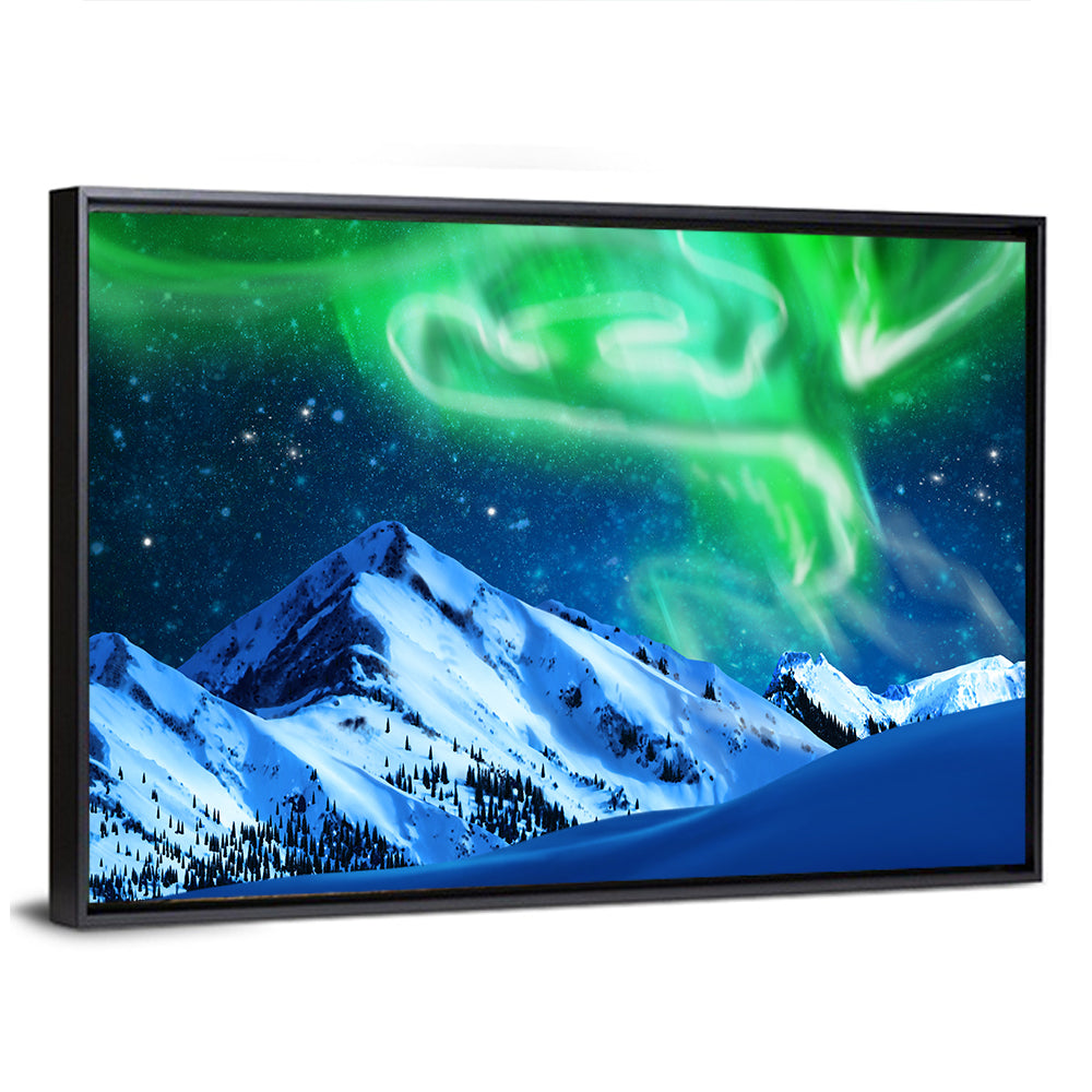 Glowing Aurora Over Snow Capped Mountains Wall Art