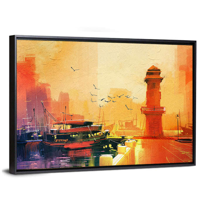 Golden Harbor Lighthouse and Fishing Boat Wall Art as a framed canvas