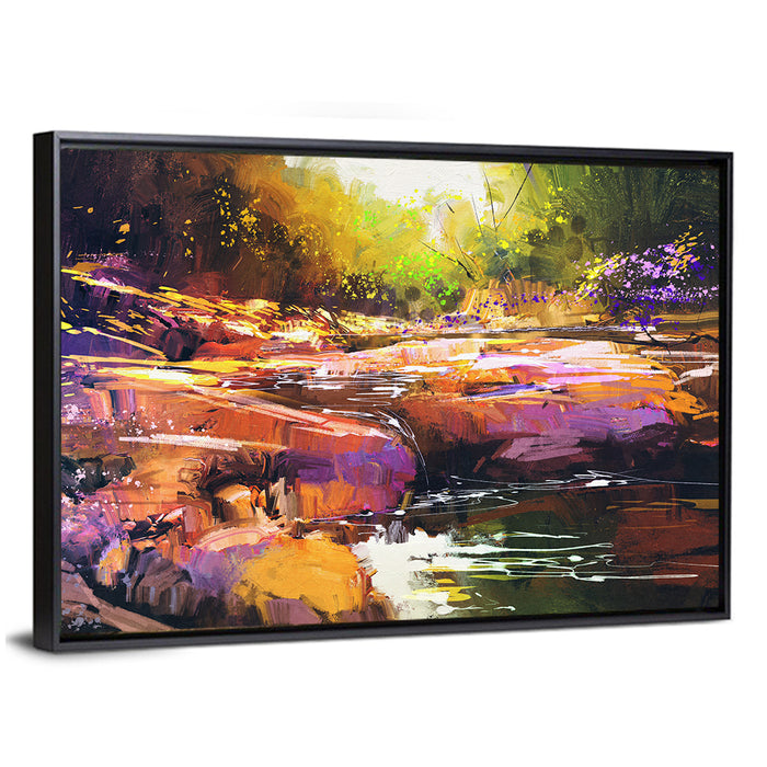 Autumn Stream with Textured Rocks Wall Art as a framed canvas