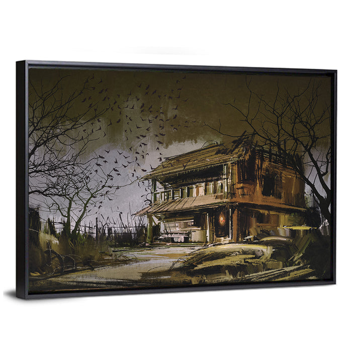 Halloween House at Dusk Wall Art as a framed canvas